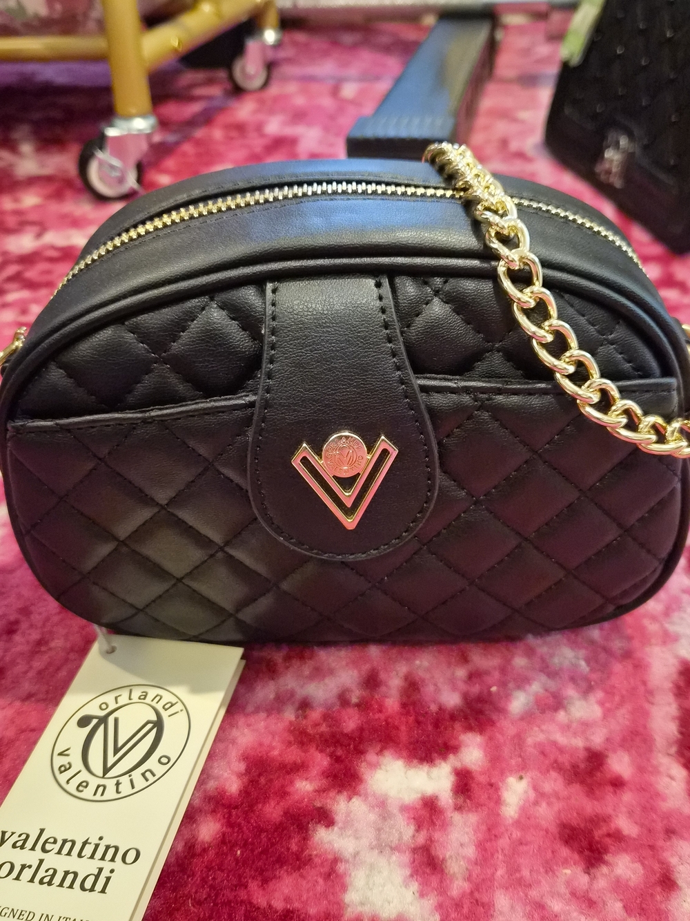 Valentino Orlandi Black Quilted Crossbody with Gold Chain